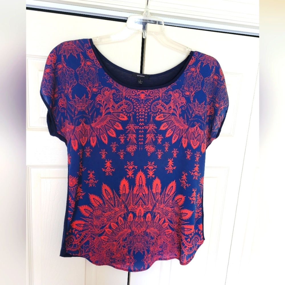Espresso Women's Top Short Sleeve Size L Orange & Blue